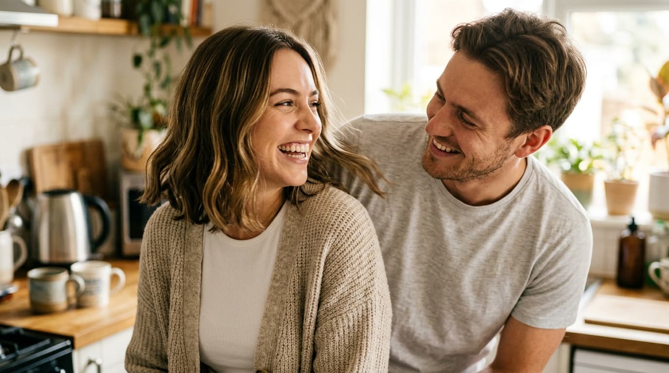 A couple laughing together at home