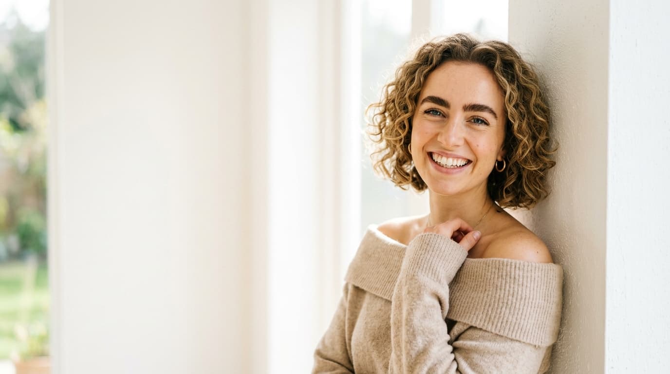 A woman laughing in a sunlit room
